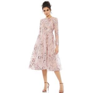 NWT Mac Duggal Floral Embellished Rose Pink Long Sleeve Midi Dress Size 12